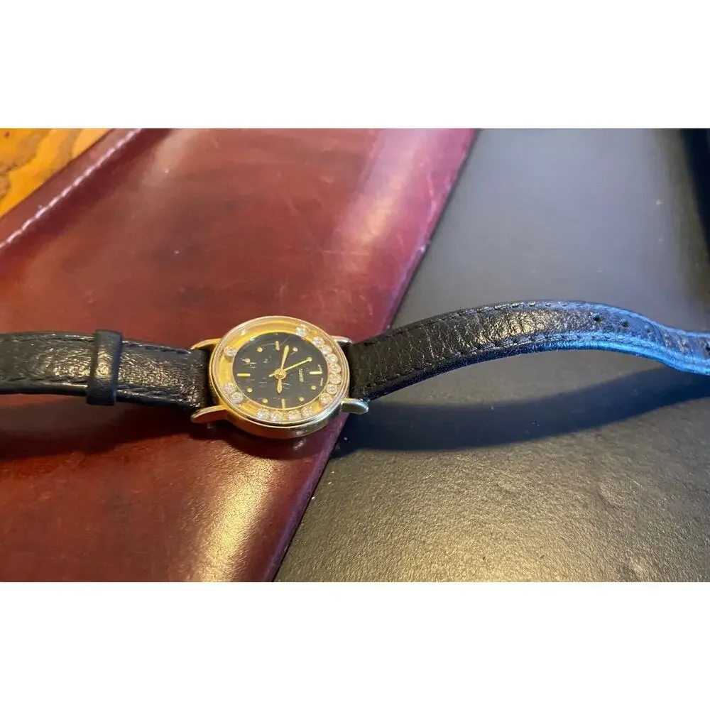 Women's 24mm Gold Tone Avon Watch, Crystal Accents, Black Leather Band
